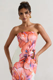 Sofiane Cream & Pink Floral Print Bandeau Maxi Dress