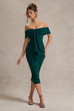Selbie Bottle Green Bardot Midi Dress With Drape