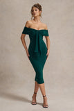 Selbie Bottle Green Bardot Midi Dress With Drape