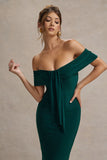 Selbie Bottle Green Bardot Midi Dress With Drape