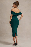 Selbie Bottle Green Bardot Midi Dress With Drape