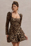 Ombra Leopard Print Square-Neck Long-Sleeve Mini Dress With Ruffle Hem