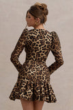 Ombra Leopard Print Square-Neck Long-Sleeve Mini Dress With Ruffle Hem
