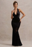 Sunset Tales Black Satin Devore Plunge-Neck Maxi Dress