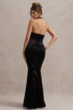 Sunset Tales Black Satin Devore Plunge-Neck Maxi Dress
