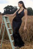 Sunset Tales Black Satin Devore Plunge-Neck Maxi Dress