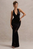 Sunset Tales Black Satin Devore Plunge-Neck Maxi Dress
