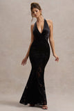 Sunset Tales Black Satin Devore Plunge-Neck Maxi Dress