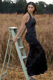 Sunset Tales Black Satin Devore Plunge-Neck Maxi Dress
