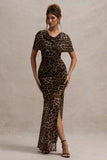 Gomez Leopard Print Mesh Cowl-Neck Split Maxi Dress