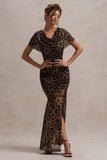 Gomez Leopard Print Mesh Cowl-Neck Split Maxi Dress