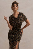 Gomez Leopard Print Mesh Cowl-Neck Split Maxi Dress