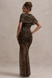 Gomez Leopard Print Mesh Cowl-Neck Split Maxi Dress