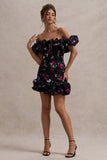 Lindo Black Ditsy Floral Print Ruffled Bardot Mini Dress