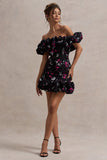 Lindo Black Ditsy Floral Print Ruffled Bardot Mini Dress