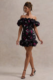 Lindo Black Ditsy Floral Print Ruffled Bardot Mini Dress