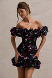 Lindo Black Ditsy Floral Print Ruffled Bardot Mini Dress