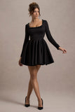 Wilder Black Square-Neck Long-Sleeve Skater Mini Dress