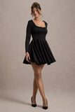 Wilder Black Square-Neck Long-Sleeve Skater Mini Dress