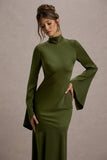 Veena Olive Green Satin High-Neck Maxi Dress