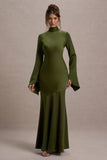 Veena Olive Green Satin High-Neck Maxi Dress