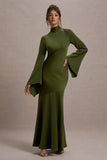 Veena Olive Green Satin High-Neck Maxi Dress