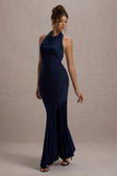 Amelita Navy Satin Cowl-Neck Maxi Dress
