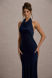 Amelita Navy Satin Cowl-Neck Maxi Dress
