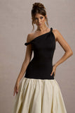 Whitley Black & Cream Twist-Neck Drop-Waist Midi Dress