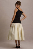 Whitley Black & Cream Twist-Neck Drop-Waist Midi Dress