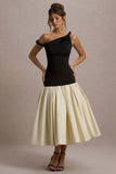 Whitley Black & Cream Twist-Neck Drop-Waist Midi Dress