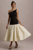 Whitley Black & Cream Twist-Neck Drop-Waist Midi Dress