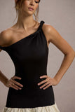 Whitley Black & Cream Twist-Neck Drop-Waist Midi Dress
