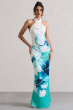 Tropicana Blue Floral Satin Cross Over Halterneck Maxi Dress