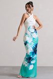 Tropicana Blue Floral Satin Cross Over Halterneck Maxi Dress