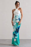 Tropicana Blue Floral Satin Cross Over Halterneck Maxi Dress
