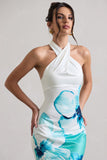 Tropicana Blue Floral Satin Cross Over Halterneck Maxi Dress