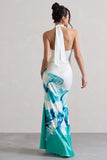 Tropicana Blue Floral Satin Cross Over Halterneck Maxi Dress