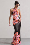 Tropicana Pink Floral Satin Cross Over Halterneck Maxi Dress