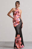 Tropicana Pink Floral Satin Cross Over Halterneck Maxi Dress