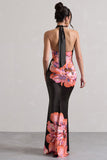 Tropicana Pink Floral Satin Cross Over Halterneck Maxi Dress