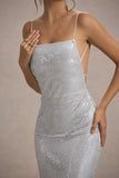 Quartz Silver Embellished Square-Neck Open-Back Maxi Dress