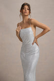 Quartz Silver Embellished Square-Neck Open-Back Maxi Dress