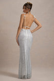 Quartz Silver Embellished Square-Neck Open-Back Maxi Dress