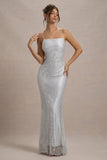 Quartz Silver Embellished Square-Neck Open-Back Maxi Dress