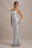 Quartz Silver Embellished Square-Neck Open-Back Maxi Dress