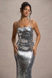 Flashback Silver Sequin Strappy Maxi Dress