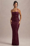 Cosmic Berry Sequin Square-Neck Strappy Maxi Dress