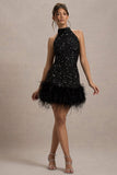 Lumi Black Sequin High-Neck Feather Trim Mini Dress