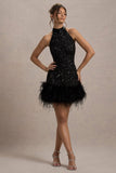 Lumi Black Sequin High-Neck Feather Trim Mini Dress